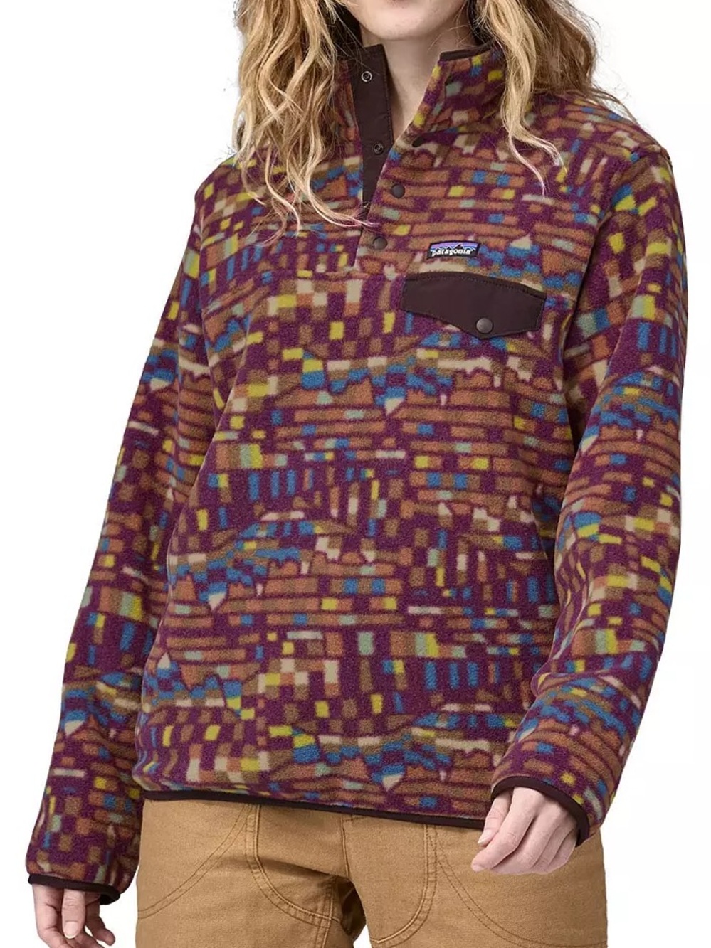PATAGONIA • Women's Synchilla Snap-T Fleece Pullover medium patchwork light plum